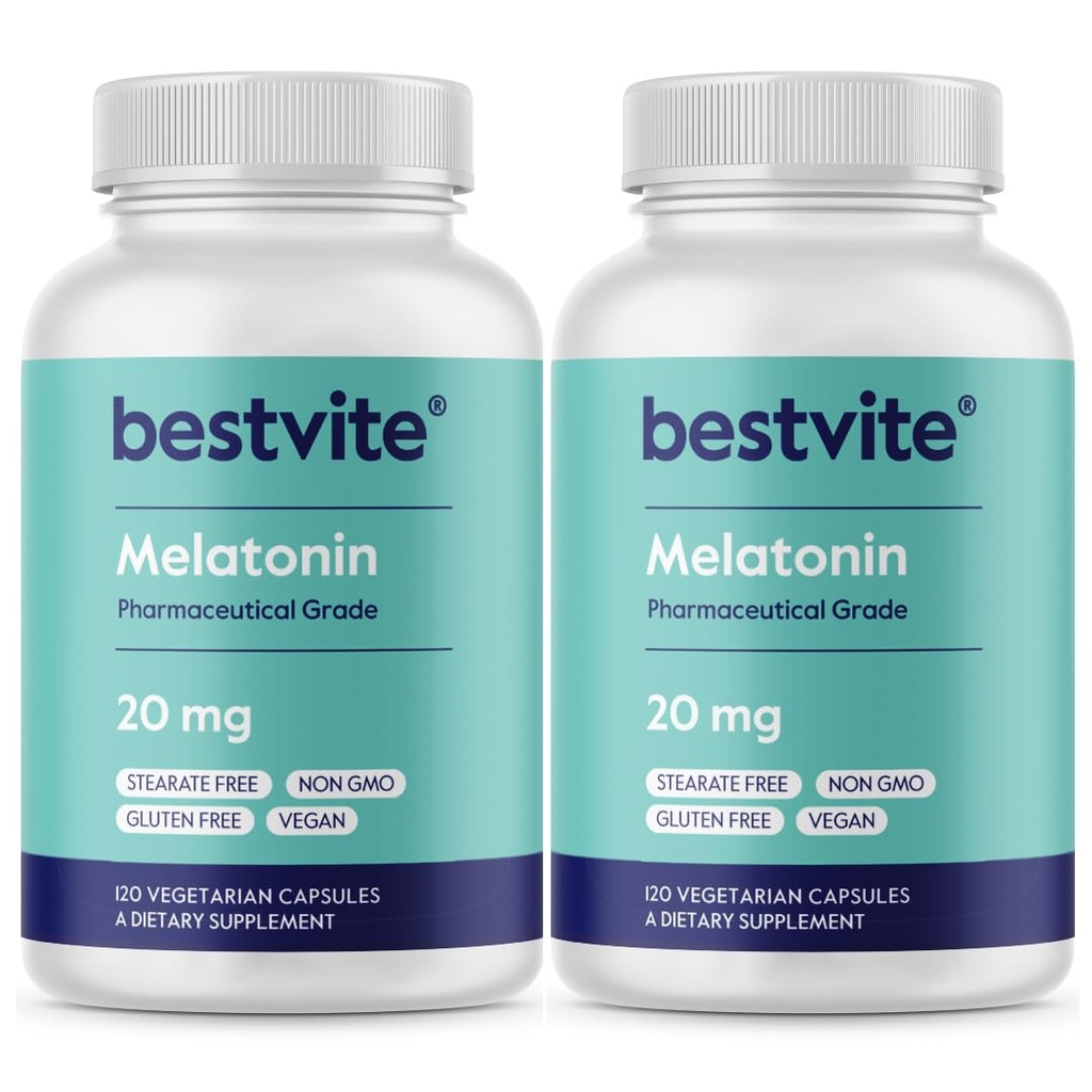 BESTVITE Melatonin 20mg (240 vegetarische Kapseln) (120 x 2) - Keine Stearaten - Vegan - Non GMO - Glutenfrei
