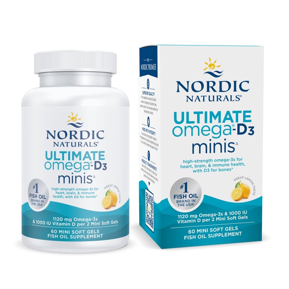 Nordic Naturals Ultimate Omega Mini D3, Zitronengeschmack - 60 Mini Soft Gels - 1120 mg Omega-3 + 1000 IE Vitamin D3 - EPA & DHA - fördert die Gesundheit von Gehirn und Herz - 30 Portionen