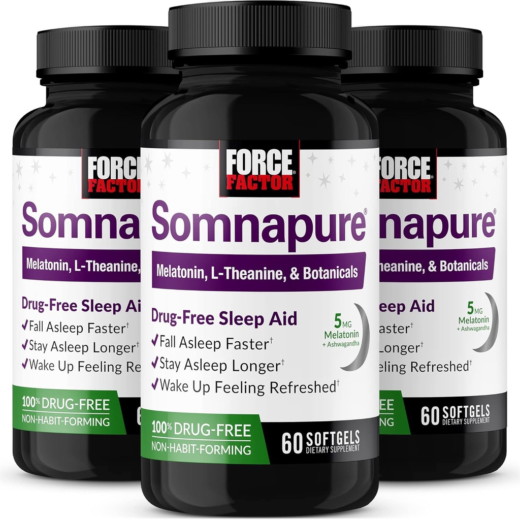 FORCE FACTOR Somnapure Softgels 3-Pack Schlafhilfe zum Einschlafen schneller, Bleiben Sie länger, Wake Up Refreshed, Schlafhilfe für Erwachsene mit Melatonin, Ashwagandha, Valerian Root, 180 Softgels