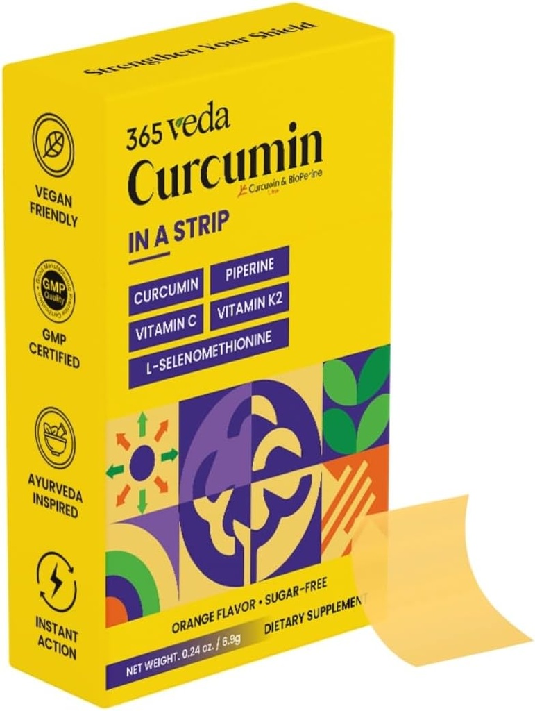 Bandes de Curcumine Turcuma de l'extrait de racine Turcuma, Piperine, Vitamine C, Vitamine K2, Non OGM, sans sucre, peut soutenir le foie - 30 bandes orales (Orange)