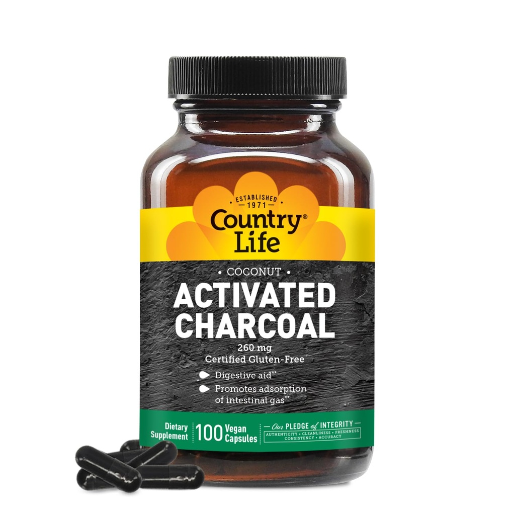 Country Life Coconut Activated Charcoal Capsules, 260mg – Natural Charcoal Supplement for Gas and Bloating Relief - Glutenfrei, 100 Vegan Capsules