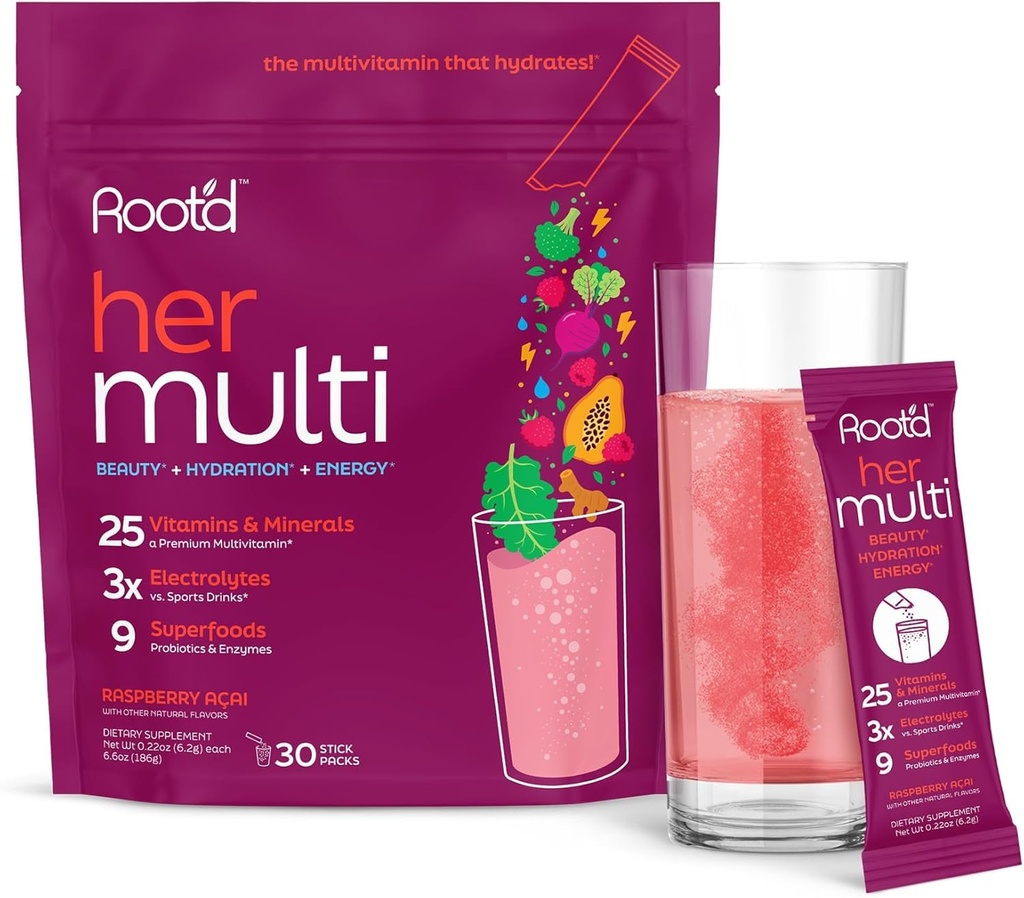 Root'd Multivitamin Pulver für Frauen - 25 Vitamine & Minerals mit 3X Elektrolyten, 9 Bio-Superfoods, Probiotics & Enzyme, Sugar-Free Multivitamin & Hydration | 30 Vitamin Drink Mix Packets