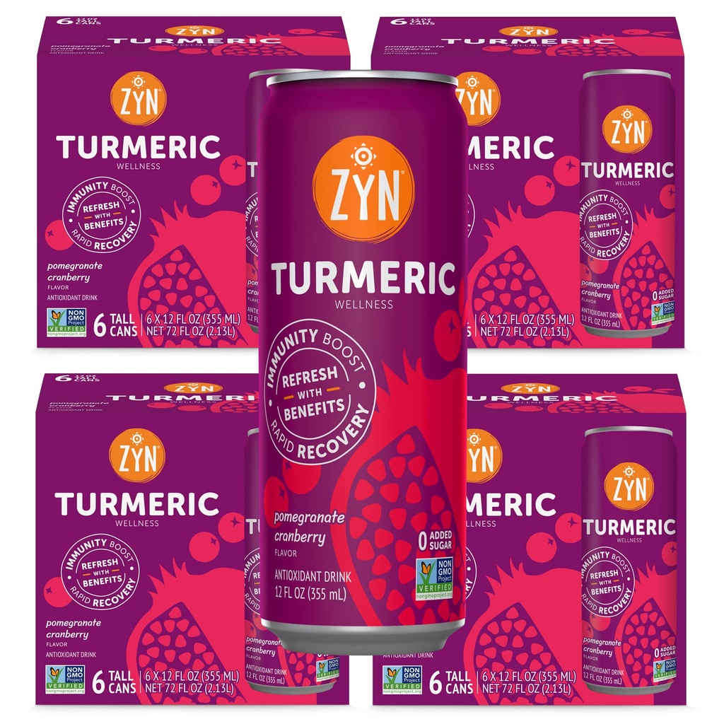 ZYN Turmeric Wellness Drink (24 Pack), grenade Cranberry aromatisée curcumine curcumine boisson avec poivre noir, pas de sucre ajouté, faible teneur en glucides et faible teneur en calories, alternative propre