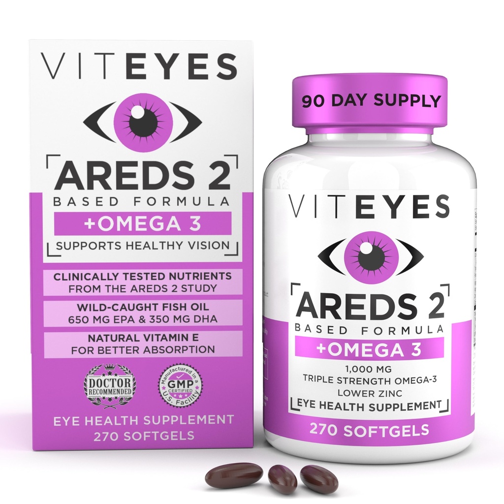 Viteyes AREDS 2 + Omega-3 Macular Support Softgels, Plus Triple Strength Omega-3 (650 mg EPA, 350 mg DHA) für Herzgesundheit & Augengesundheit, Augenvitamine, Vision Supplement, 270 Softgels