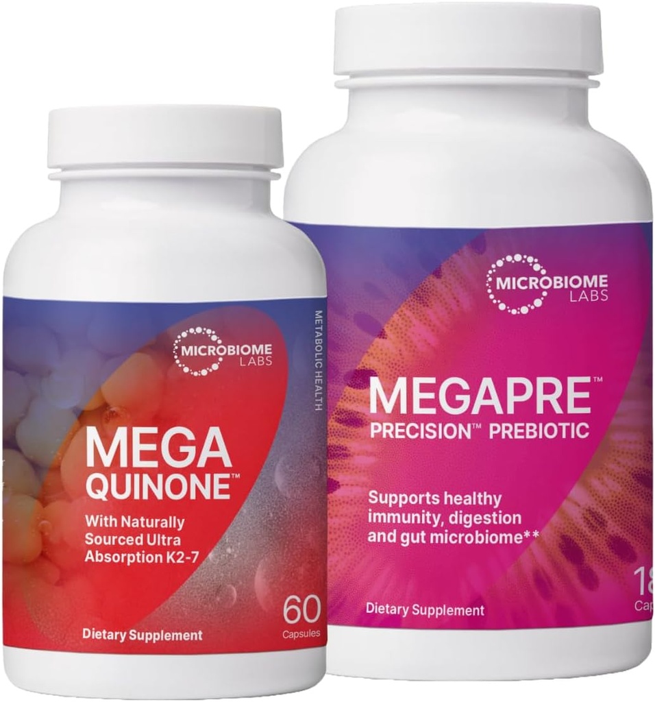 Microbiome Labs MegaPre Prebiotico per sostenere la digestione & Gut Barrier (180 capsule) + MegaQuinone K2-7 Integratore completo di vitamina K con magnesio, zinco (60 capsule) - 2 Bundle del prodotto