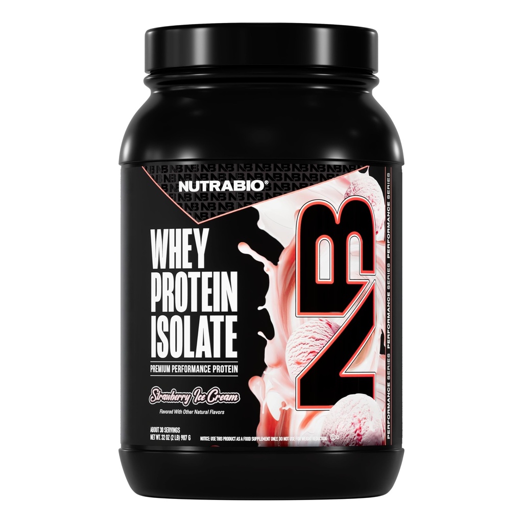 NutraBio 100% Whey Protein Isolate Protéine Poudre, 25g Protéine avec profil complet d'acide aminé, non-OGM, sans soja et sans gluten, faible teneur en glucides, faible teneur en calories en poudre de protéines de lactosérum, crème glacée aux fraises, 2 Lbs