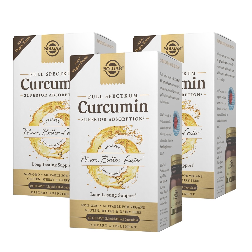 Solgar Full Spectrum Curcumin - 60 LiCaps, Packung mit 3 - Überlegene Absorption - Gehirn, Joint & Immune Health - Non-GMO, Vegan, Glutenfrei, Dairy Free - 180 Gesamt Servierungen