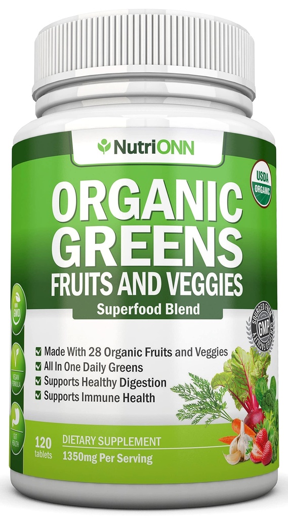 Capsule Super Verdi Organici - Integratori di Frutta e Verdura - 120 Conta - 28 USDA Ingredienti Premium Organici & Vegan - Superfood Blend Per Salute Immune, Digestione & Energia - Vitamine Alimentari Intere