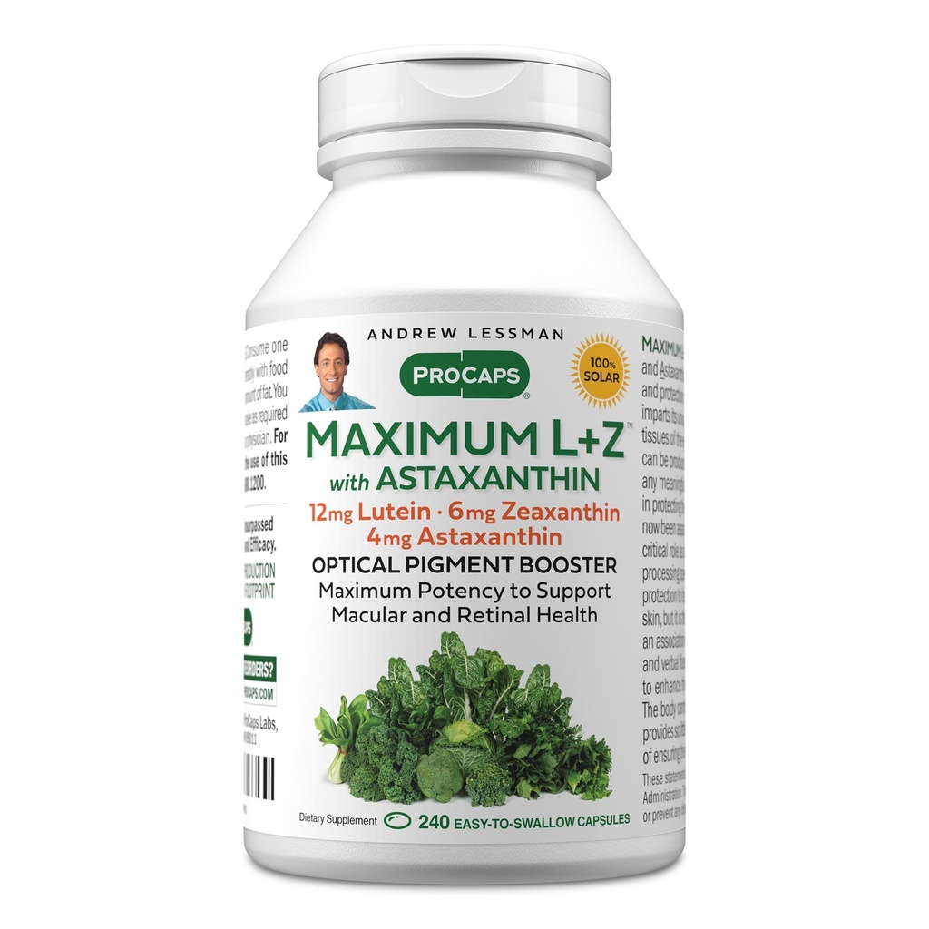 ANDREW LESSMAN Massimo L+Z con Astaxanthin 240 Softgels - 12mg Lutein, 6mg Zeaxanthin, 4mg Astaxantina. Nutrienti chiave per sostenere la salute degli occhi e del cervello, e promuovere la visione sana.