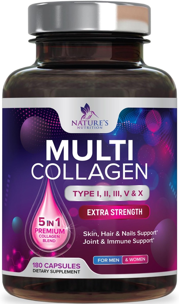 Multi Collagen Supplement 2400 mg - Typen I, II, III, V & X Multi Collagen Peptide Pillen für Frauen & Männer, hydrolysierte Collagen Supplements, Haar, Haut, Nagel, & Joint Support Supplement - 180 Kapseln
