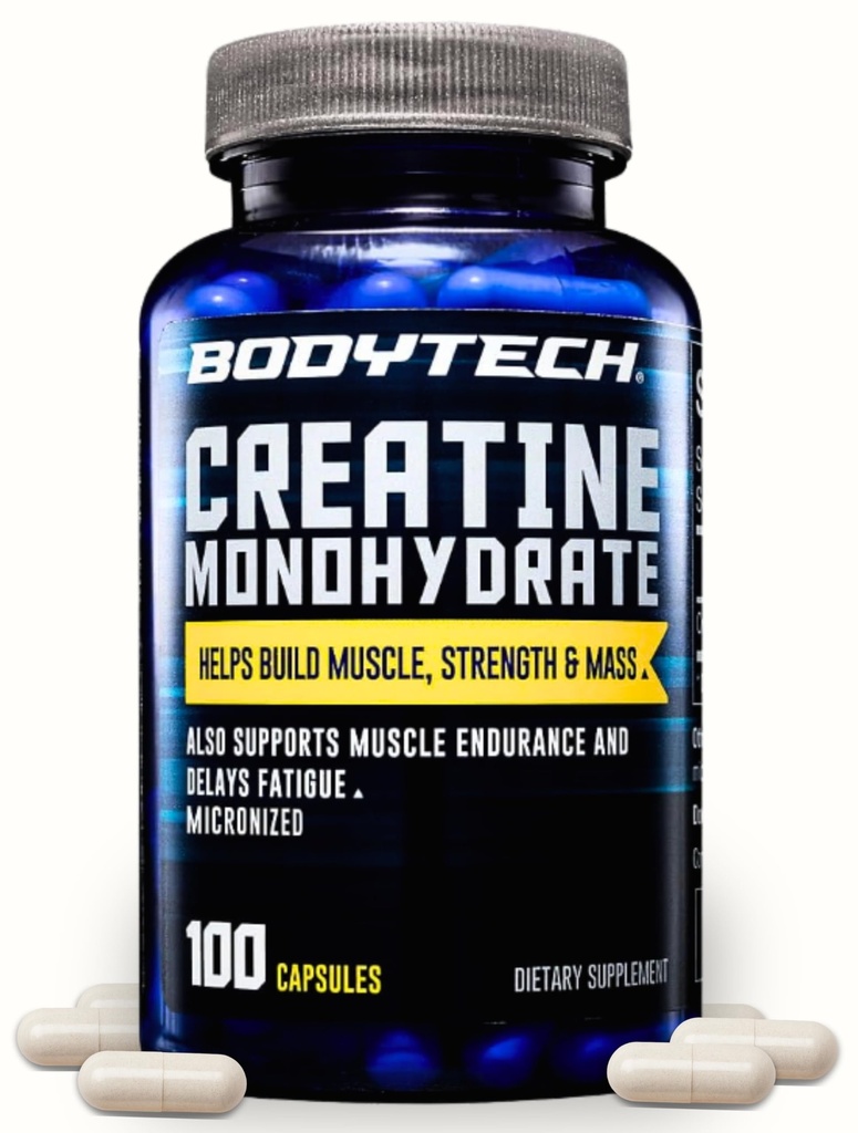 BODYTECH Creatine Monohydrat Kapseln ein Micronized eine unterstützt Muskelkraft, Masse und Ausdauer (100 Kapseln)