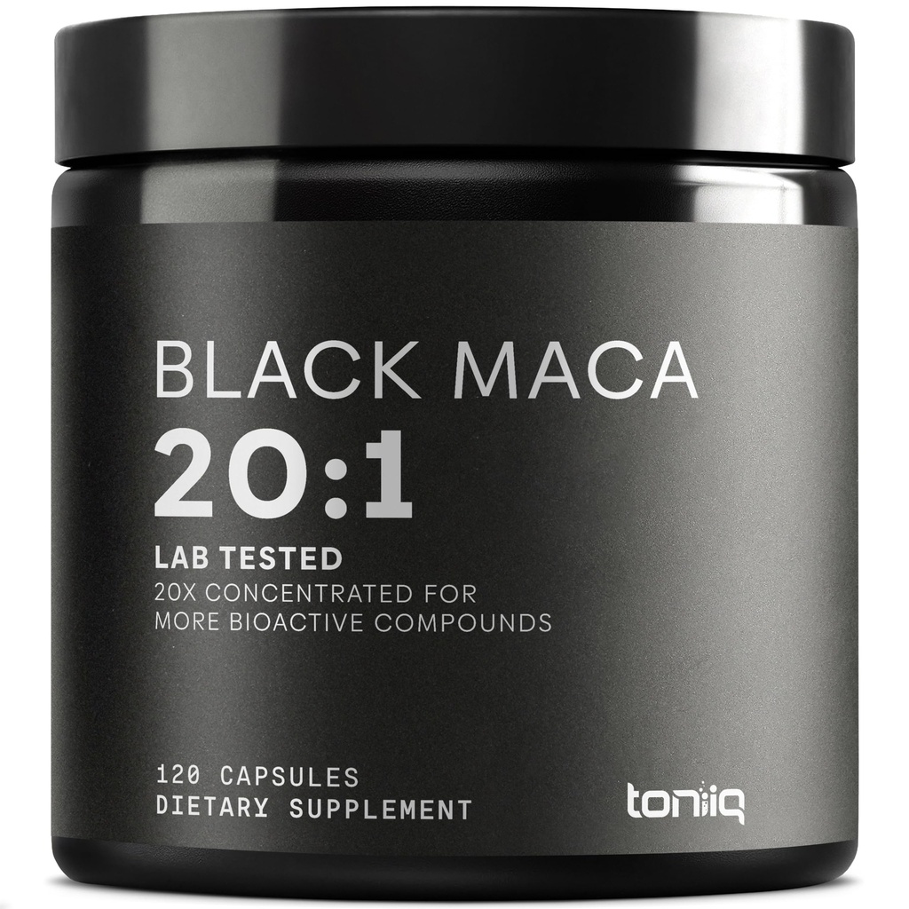 Toniiq Black Maca Root - Ultra High Potency 20:1 Extract - Single Origin, Wildcrafted & Highly Concentrated - Third-Party Lab Tested - 120 Capsules