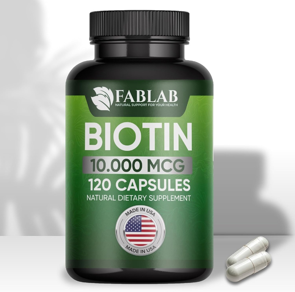 FabLab Biotin 10000 mcg Vitamine con Collageno, Cheratina per Donne e Uomini - Biotin Hair Skin Nails Supplemento per capelli, pelle e Nails Wellness - Made in USA, 120 Capsule