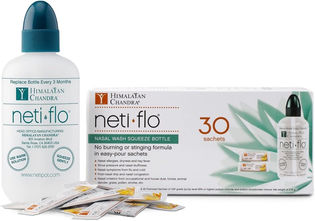 Bouteille de lavage nasale Himalayan Neti Flo avec 30 sachets, 10 once