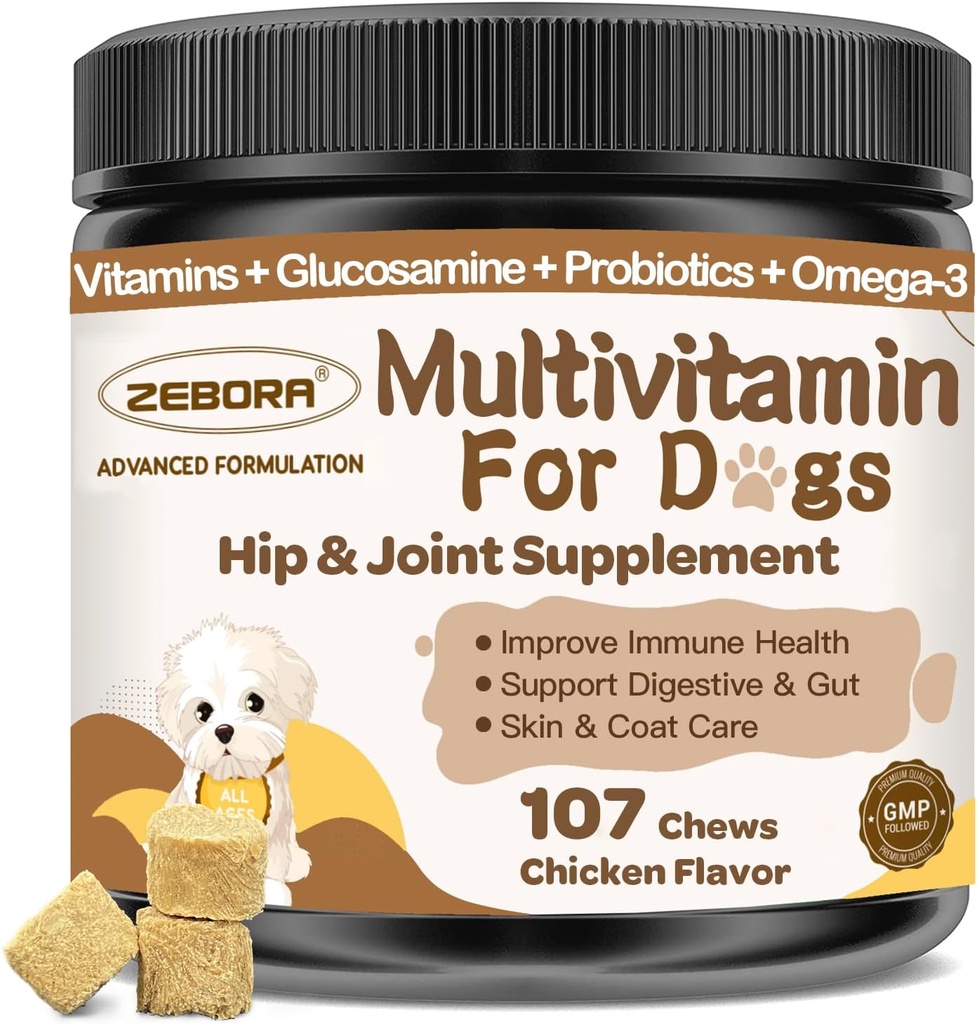 Dog Multivitamin mit Mineralien für Gesamtgesundheit - Hunde-Vitamine und Ergänzungen mit Glucosamin, Probiotika für Welpen & Senior Dogs mit Mineralien - Omega 3 Fischöl für Haut & Coat - 107 Chews