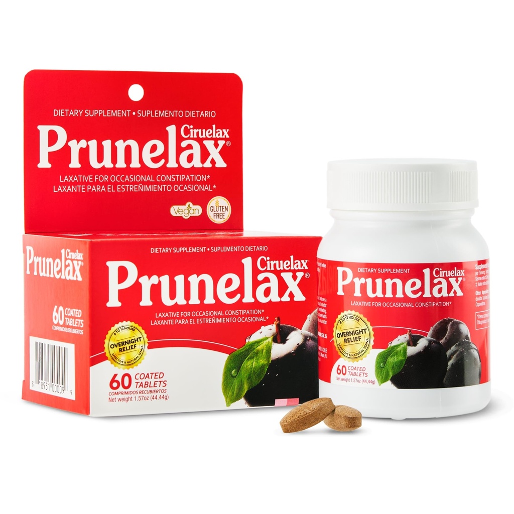 Prunelax Ciruelax Comprimés laxatifs à force régulière - Relief nocturne pour constipation occasionnelle, extrait de senna, végétalien et sans gluten, soulagement doux à action rapide - 60ct