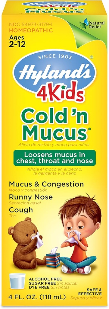 Hyland's Cold Medicine for Kids Ages 2 and up, Cold 'n Mucus Relief Liquid, Natural Relief of Mucus and Congestion, Runny Nose, Cough, 4 Unzen