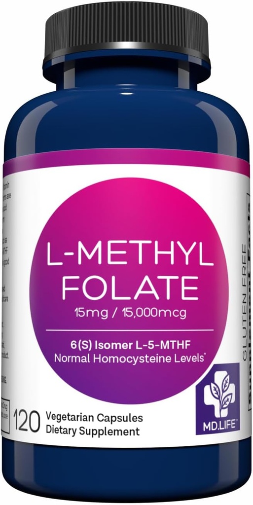 MD Life L-metilfolato 15 mg Supplemento - Professional-Grade Active L Methylfolate Supplement - 120 capsule - L-metilfolato 15mg - Massima potenza MTHFR W/Aminoacidi essenziali
