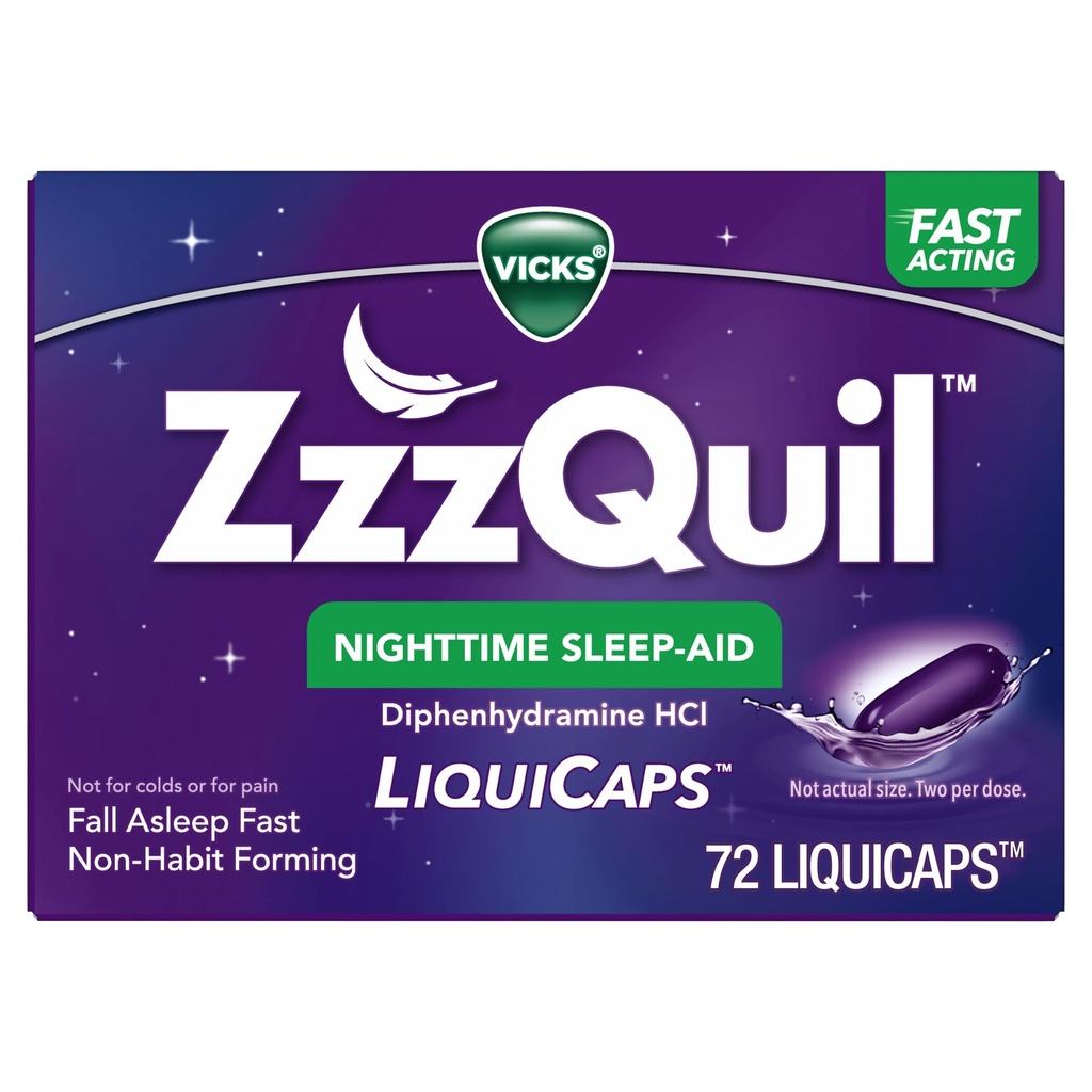 ZzzQuil LiquiCap Schlafmittel, Diphenhydramin 25mg HCl, Schlafmittel für Erwachsene, Nacht Schlafmittel, 72 LiquiCaps