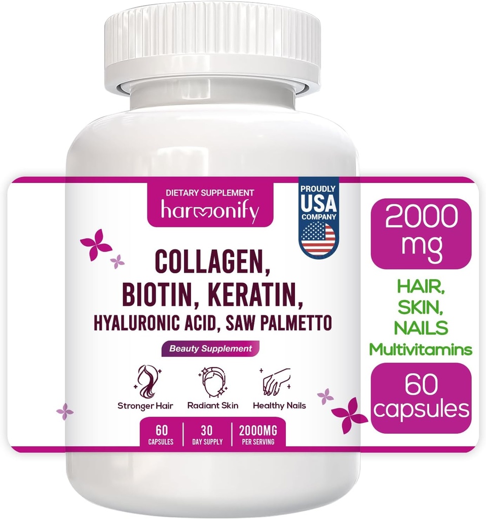 Complément complexe d'acide hyaluronique collagène Biotine Keratin avec vitamine E, acide folique, graines de citrouille et MSM, 60 capsules, 1000 mg