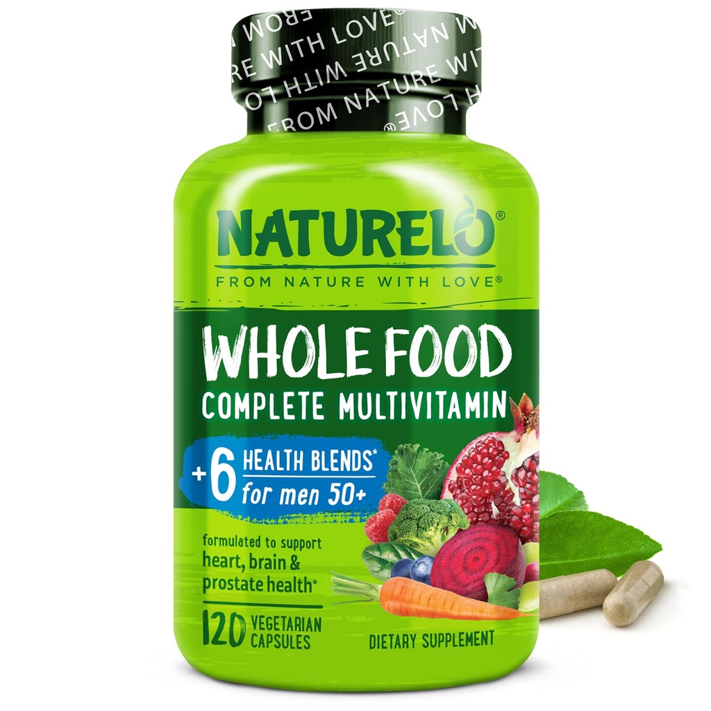 NATURELO Whole Food Multivitamin per Uomo 50+ - con Vitamine, Minerali, Estratti di erbe organici - Vegan Vegetariano - per Energia, Cervello, Cuore e Salute agli occhi - 120 Capsule