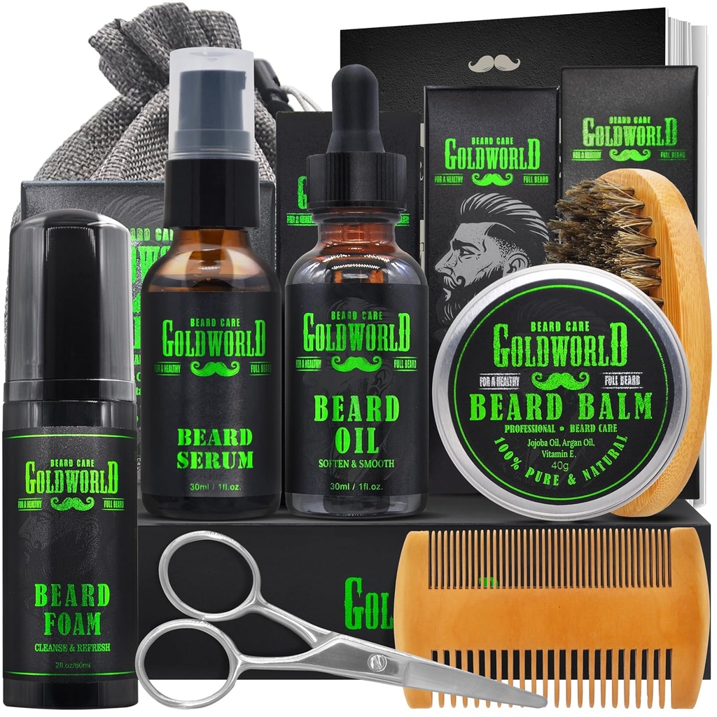 Kit cuscinetto Cuscinetto Grooming Kit w/Beard Wash/Shampoo Beard olio Balm Brush Comb Scissor Bag e-Book Natale Stocking Stuffers Regali Idee per gli uomini Lui Papà Fidanzato Uomo