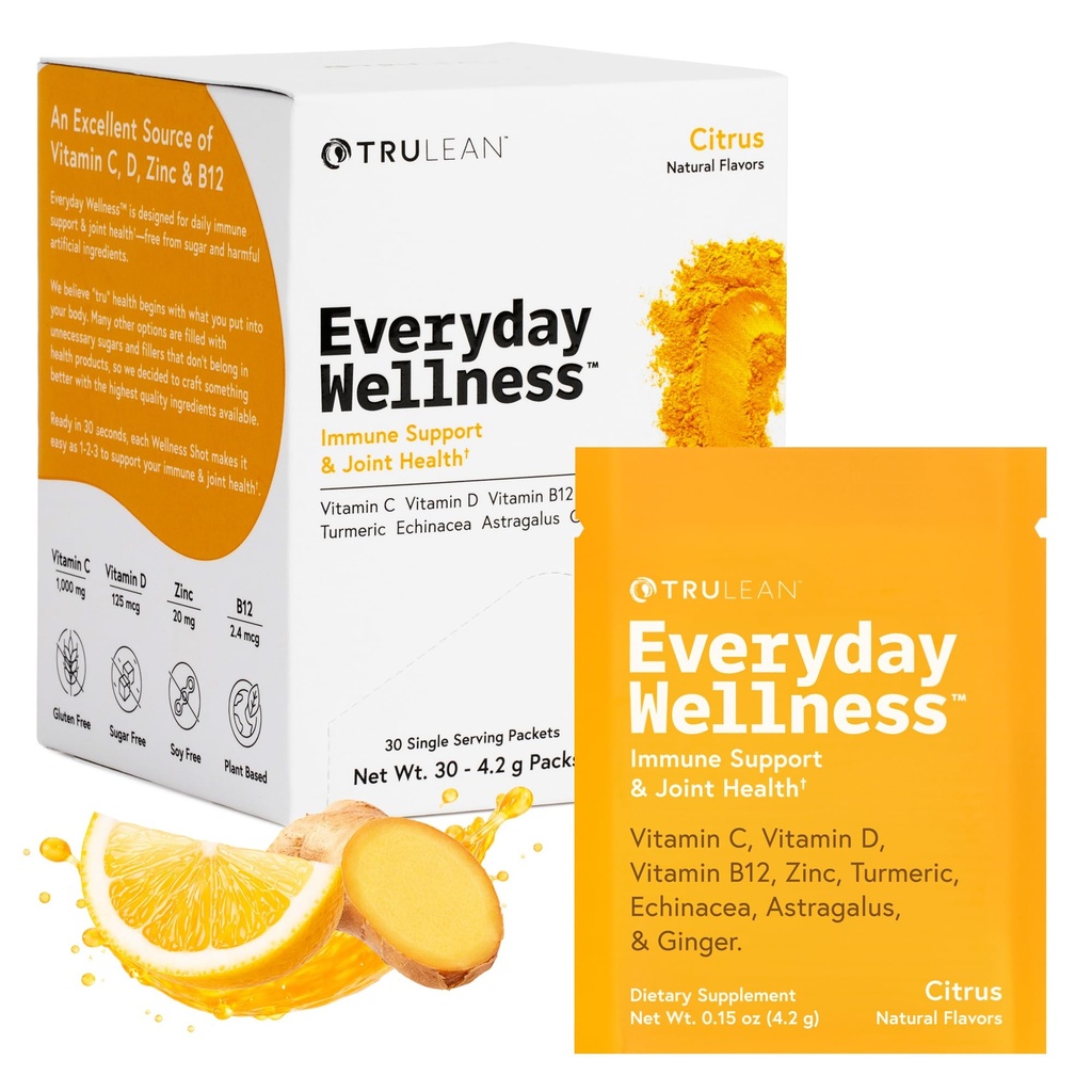 TRULEAN Poudre de shot de bien-être quotidien - Turcuma, gingembre, vitamine C, immunité et supplément de soutien immunitaire - Pas d'ingrédients artificiels, Pas de sucre et sans gluten - 30 paquets Citrus Saveur