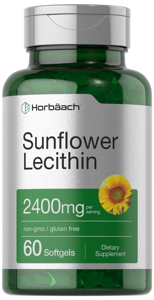 Horbäach Sunflower Lecithin Softgel Capsule | 2400mg | 60 pillole | Naturally Occurring Phospholipids | Non-GMO, Gluten Free Supplement