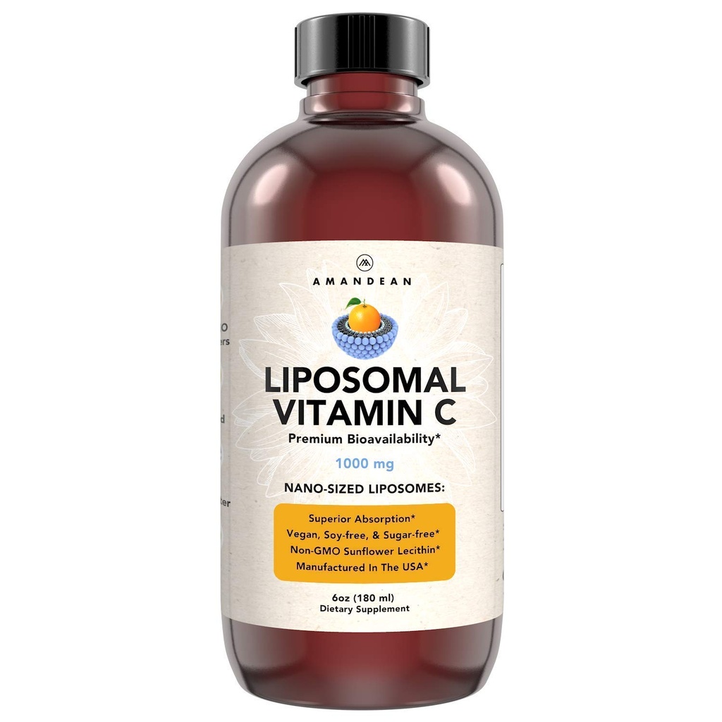 AMANDEAN Liposomal Vitamina C 1000mg. Liquido VIT C Supplemento. Supporto immunitario, salute della pelle, produzione di collagene. Consegna Antiossidante rapida assorbente. Quali-C, Soy-Free, Vegan, Non OGM.