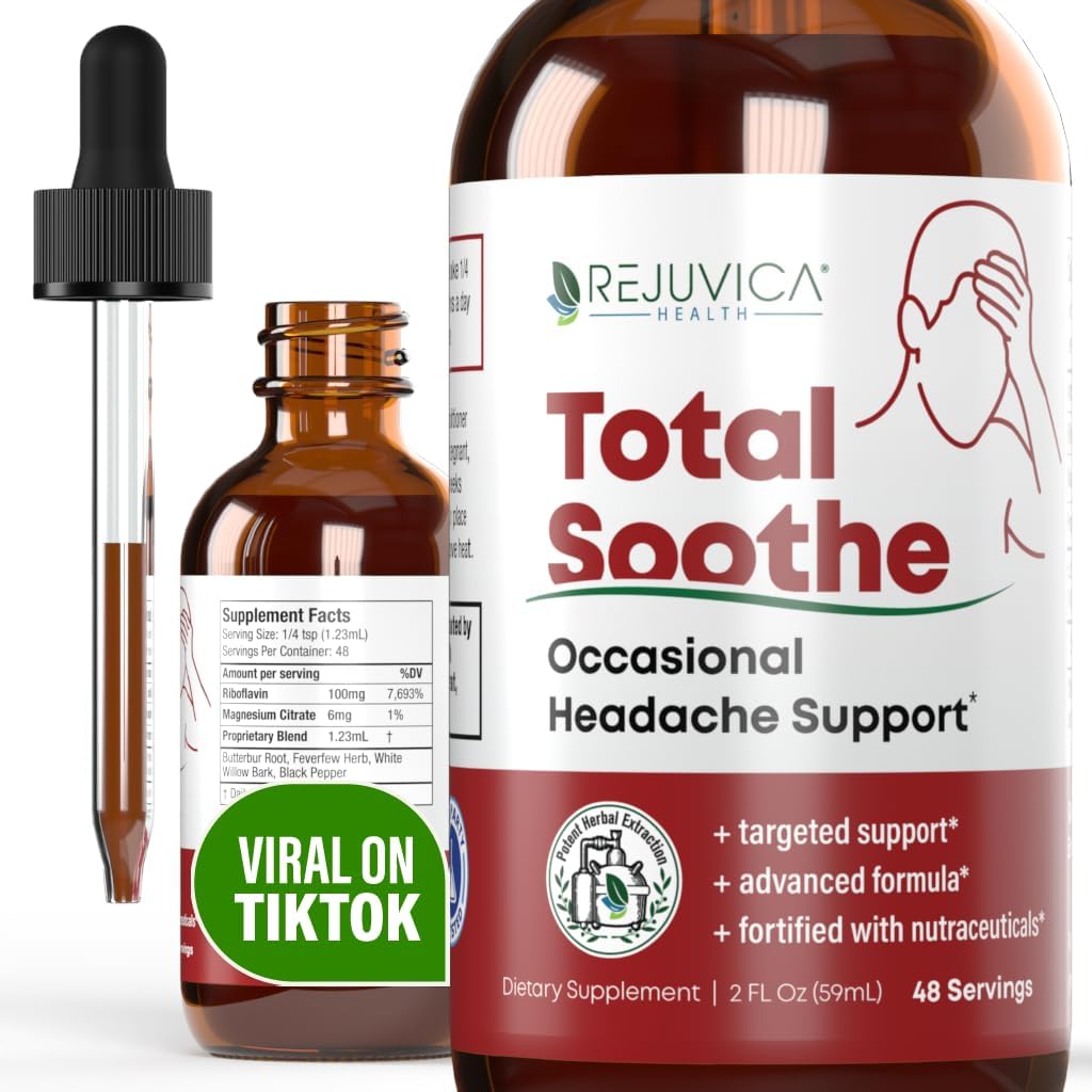 Rejuvica Health Total Soothe - Advanced Occasional Headache Support Supplement - Flüssige Lieferung für bessere Absorption - Feverfew, Riboflavin, Butterbur, Black Pepper &amp; Mehr!
