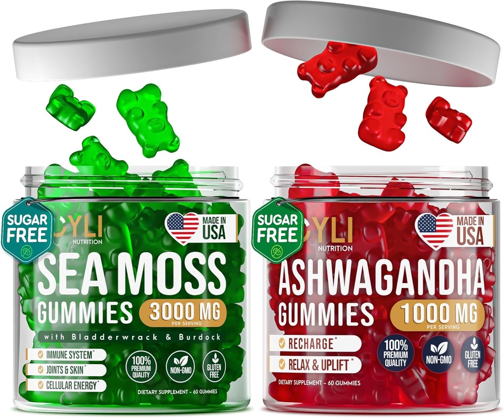 Irish Sea Moss & Ashwagandha Gummies - Ashwagandha Beilagen & Sea Moss Beilage für Erwachsene, Kinder - Irish Sea Moss Bladderwrack Burdock Root Ashwagandha - 60 Ashwagandha, 60 Irish Sea Moss Gummies