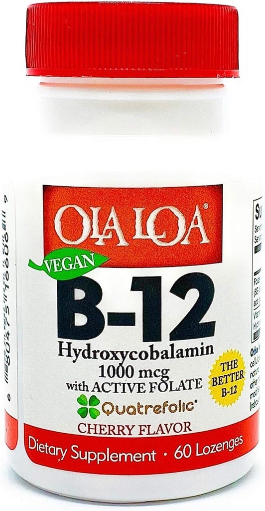 Ola Loa Vitamina B12 Integratore alimentare Sublingual Cherry - HydroxyCobalamin, Folate attivo, Formula Vegan - Promuovere l'energia del vostro corpo, Nerve e supporto del cervello - 60 compresse