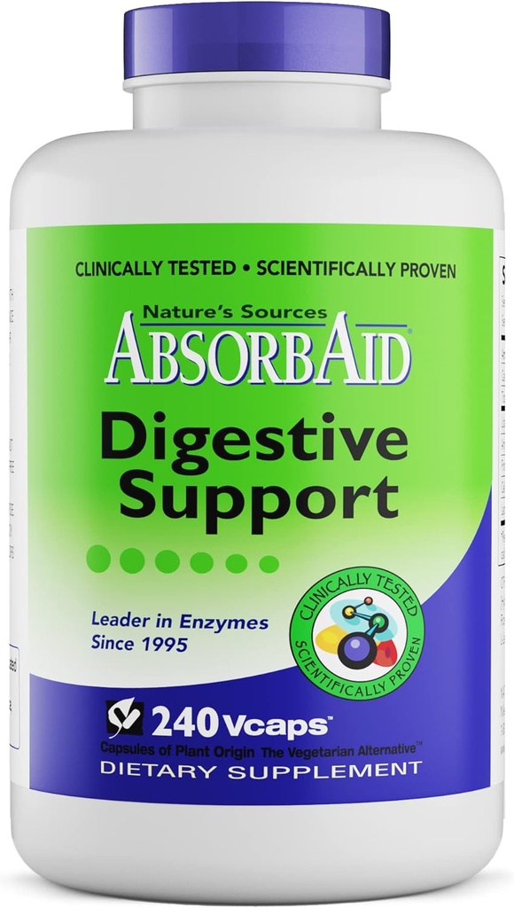 Enzymes digestifs AbsorbAid 240 vCaps, prouvés pour augmenter l'absorption nutritive vitale jusqu'à 71%