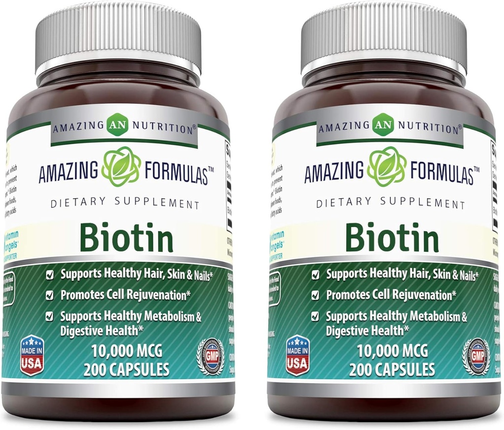 Erstaunliche Formeln Biotin 10000 mcg Veggie Kapseln | Vitamin B7 Supplement | Non-GMO | Gluten Free | Made in USA (200 Count | 2 Pack)