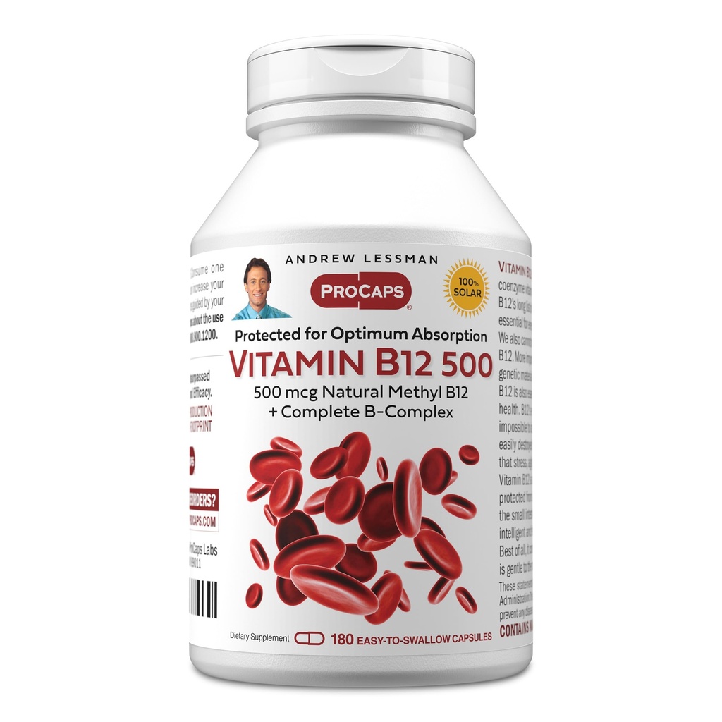 ANDREW LESSMAN Vitamin B12 500 180 Kapseln - Absorptionsgeschütztes Methylcobalamin (Natural Coenzym Vitamin B12), essentiell für Energie- und Stressunterstützung, Plus B-Komplex, einfach zu schlucken Kapseln