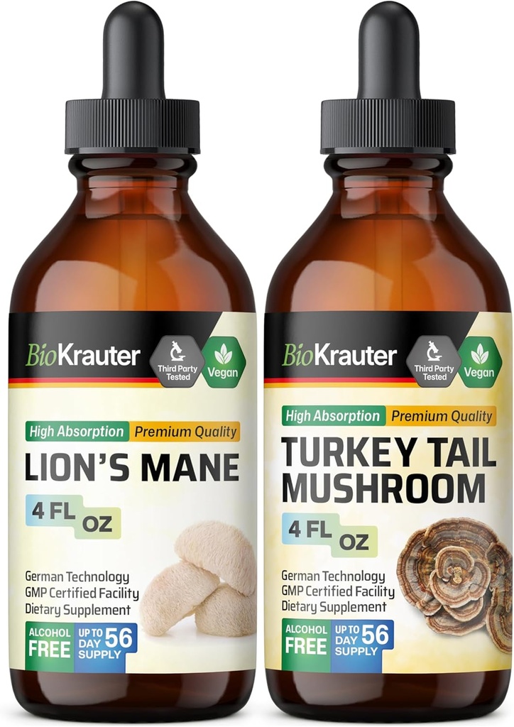 BIO KRAUTER Lion's Mane Tincture 4 Fl. Oz. & Türkei Tail Mushroom Tincture 4 Fl. Oz.