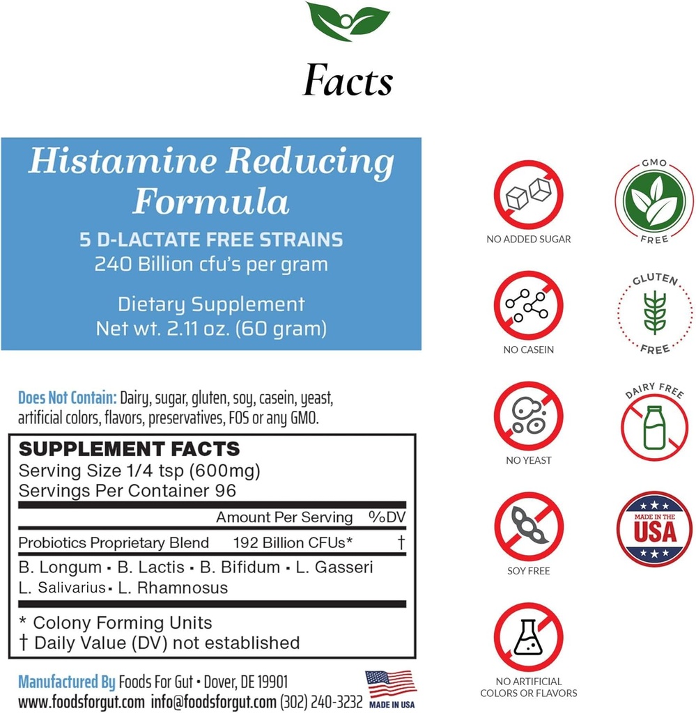 Lebensmittel für Gut Histamin & D Lactate freie Probiotika Pulver 240 Billion CFU | Made in USA | Keine Zusatzstoffe | Direct from Manufacturer | No Third-Party Storage | Immune Support | 60 Gramm (2.11 OZ)