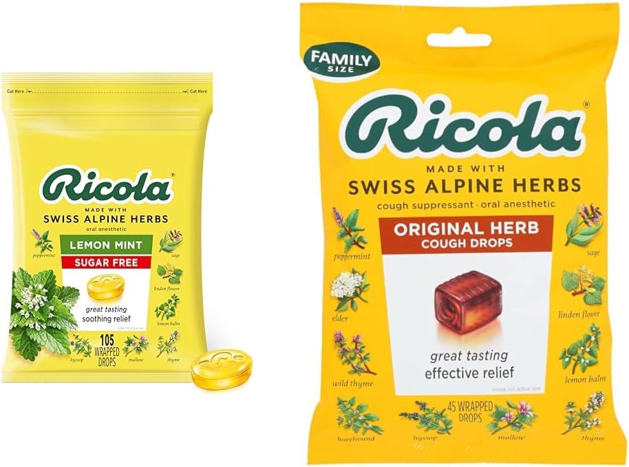 Ricola Sugar Free Lemon Mint Herbal Cough Suppressant Gocce di gola, 105ct Bag & Original Natural Herb Cough Suppressant Gocce di gola, 45 gocce, Combattimenti Tosse Naturalmente