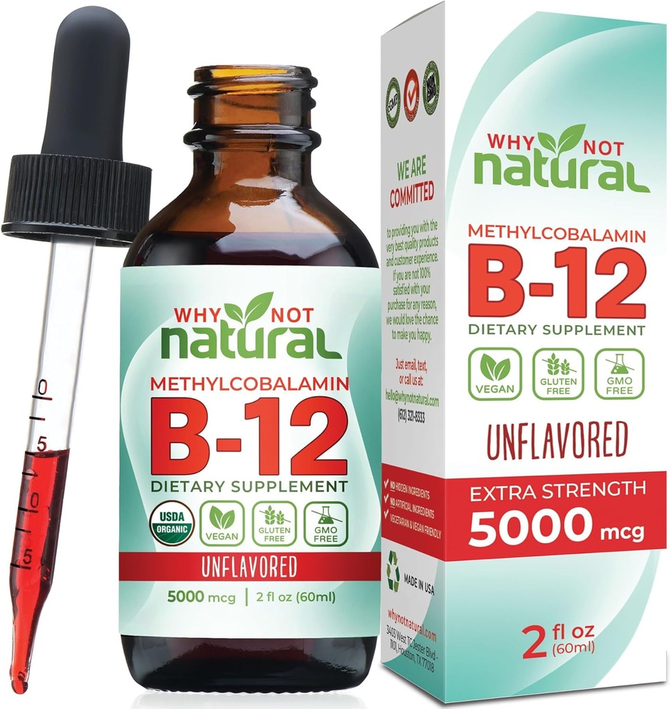 Perché non la vitamina organica naturale B12 Liquido - Sublingual Extra Strength 60 x 5000 mcg Methylcobalamin Drops, Vegan, massimizzare l'assorbimento e l'energia