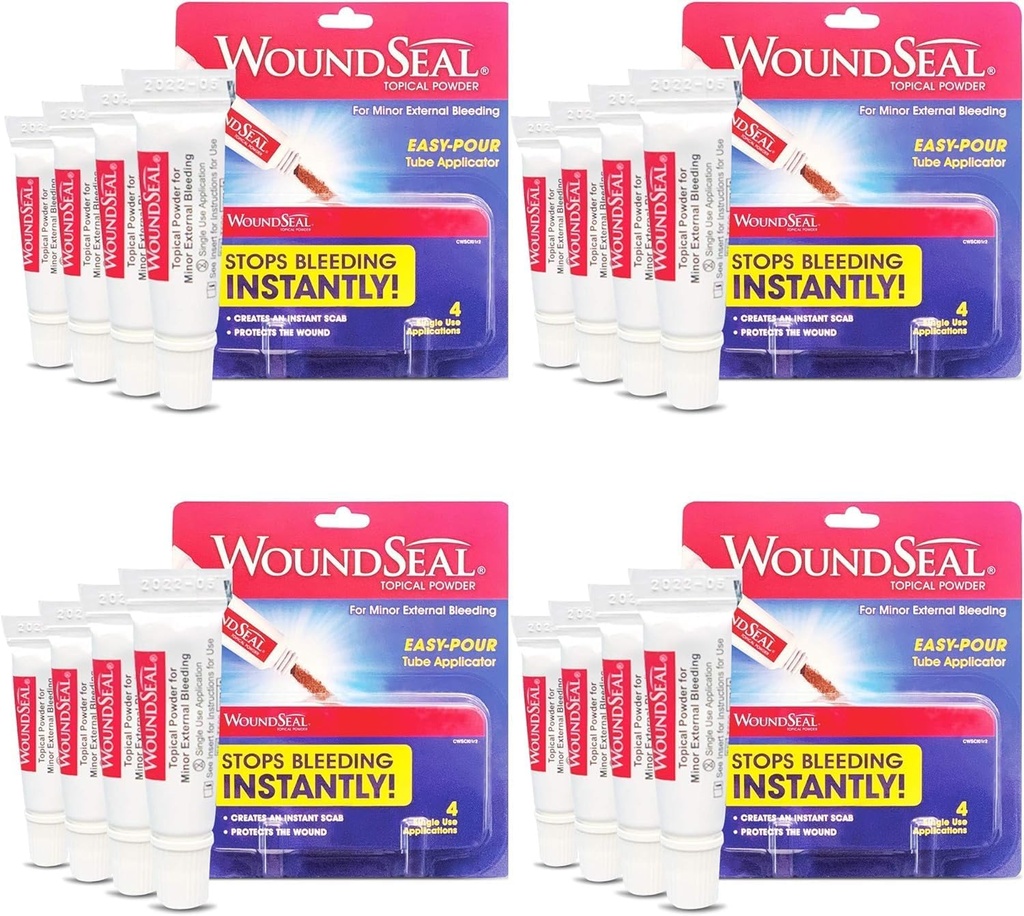 WoundSeal Powder 4 Jeder (Pack von 4) - Wound Care Erste Hilfe für Schnitte, Schrapes und Abrasionen - stoppt Blutung in Sekunden ohne Stitches oder Bandagen