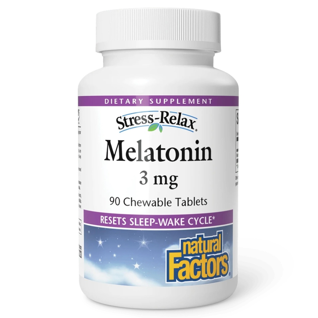 Stress-Relax Melatonin 3 mg by Natural Factors, Natural Sleep Aid, Resets the Sleep-Wake Cycle, 90 compresse masticabili (90 porzioni), Peppermint Flavor