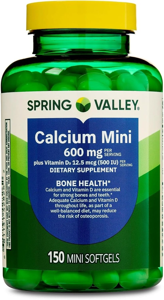 Supplément de calcium avec vitamine D3-600mg Calcium pour la santé des os, 150 Mini Softgels, Calcium essentiel et soutien de vitamine D3