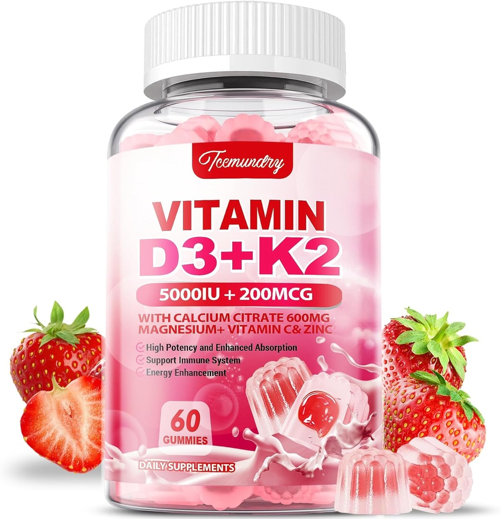 Vitamin D3 K2 Ergänzung für Erwachsene - Vitamin D3 5000 IU + K2 200 mcg - VIT D3 K2 Gummie mit Calcium 600mg Magnesium Zink & Vitamin C für Frauen Männer - Unterstützt B0ne, Muskel Immune