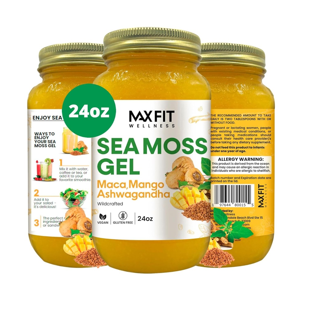 MAX FIT Sea Moss Gel Maca Ashwagandha 24oz Wildсrafted Gold Sea Moss Gel da Saint Lucia | 92 Vitamine e Minerali | Pure Raw+Non-GMO