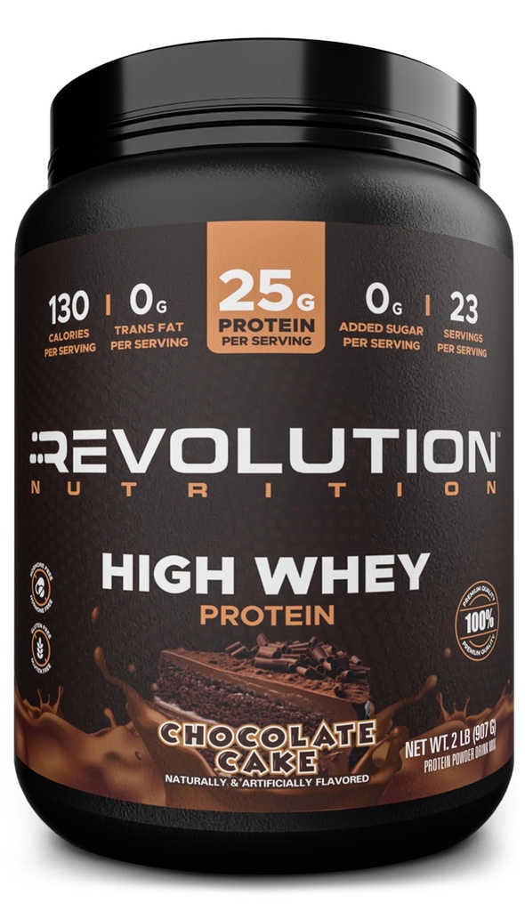 Revolution Nutrition, High Whey, Protein Powder 2LB, Whey Isolate, Glutenfrei, Lean Muskelmasse für Männer & Frauen, 25g Protein Per Scoop, 908 g, 24 Portionen (Chocolate Cake, 2 Pound)