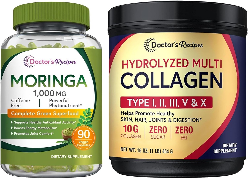 Recettes du médecin Moringa 90 Caps végétaliens et poudre de peptides multicollagènes 16oz