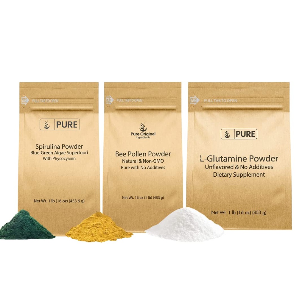 INGRÉDIENTS ORIGINAUX PURE Pollen, L-Glutamine et spiruline en poudre (1 lb) sans danger pour les aliments, poudres supplémentaires