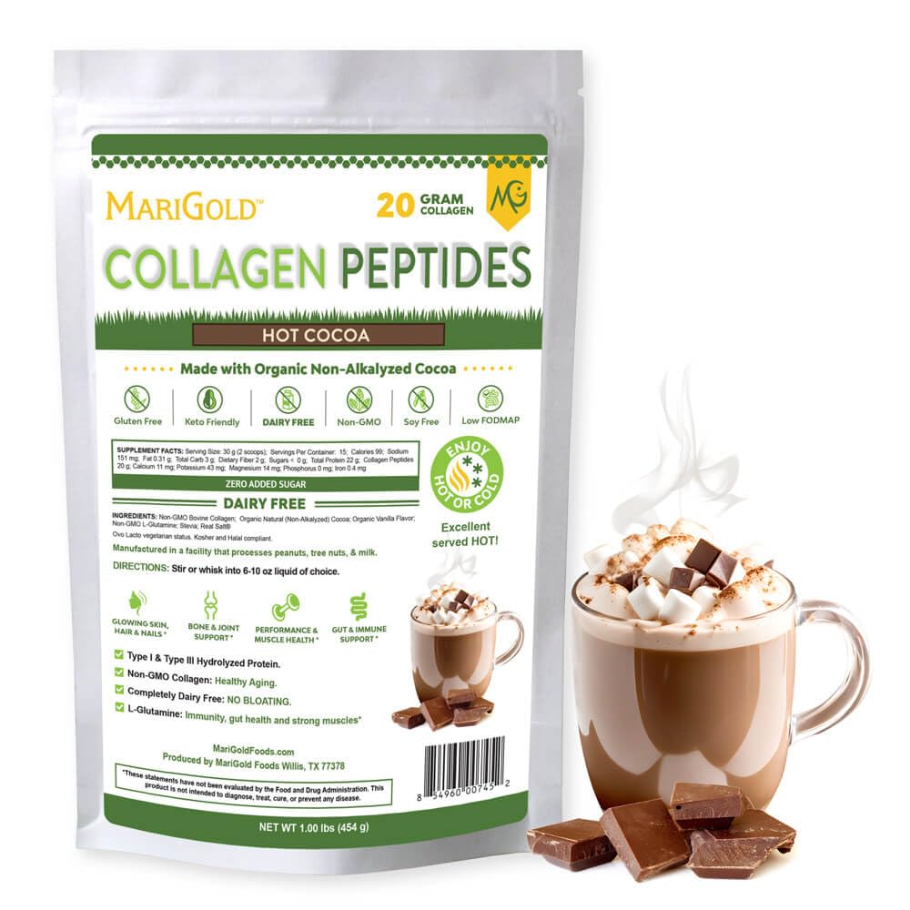 Peptidi di collagene di erba di MariGold polvere Cacao caldo 1LB - 100% puro, Tipo I & III Collage idrolizzato Bovino, Non OGM, Ormone libero, Soy Free, Gluten Free, Dairy Free, Keto-Friendly