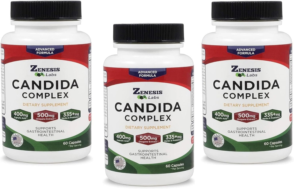 Zenesis Labs Candida Complex Cleanse Detox Caprylic Acid Supplement, Oregano Extract, Probiotics, Enzymes - Bulk 180 Capsules, 90 Day Supply (60 Capsules/Bottle)