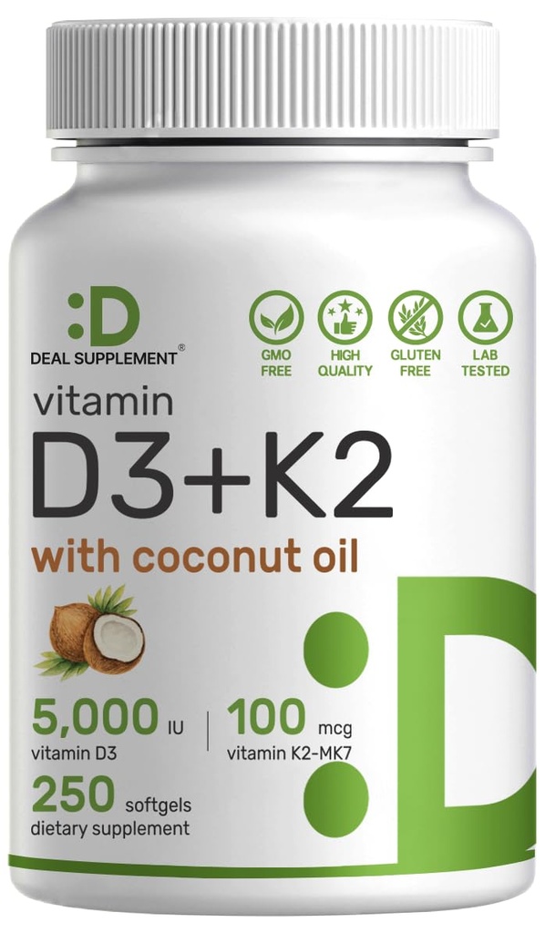 SUPPLÉMENT DE DÉAL Vitamine D3 5 000 UI + K2 MK7 softgels 100mcg Complexe 2-en-1 avec huile de coco vierge.